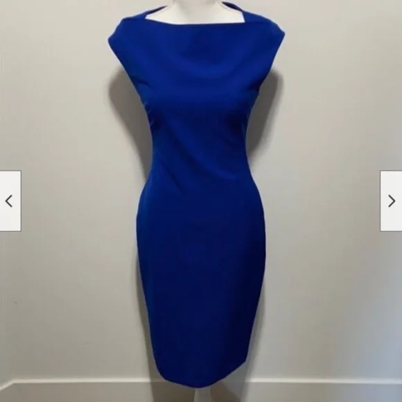 zara fitted blue dress Zara Blue Sleeveless Halter Ruched Pencil Bodycon Midi Formal Cocktail –  Brie main image 1